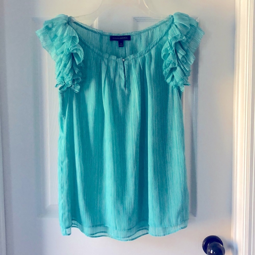 Teal & White BR Blouse with ruffle sleeves Sz XS